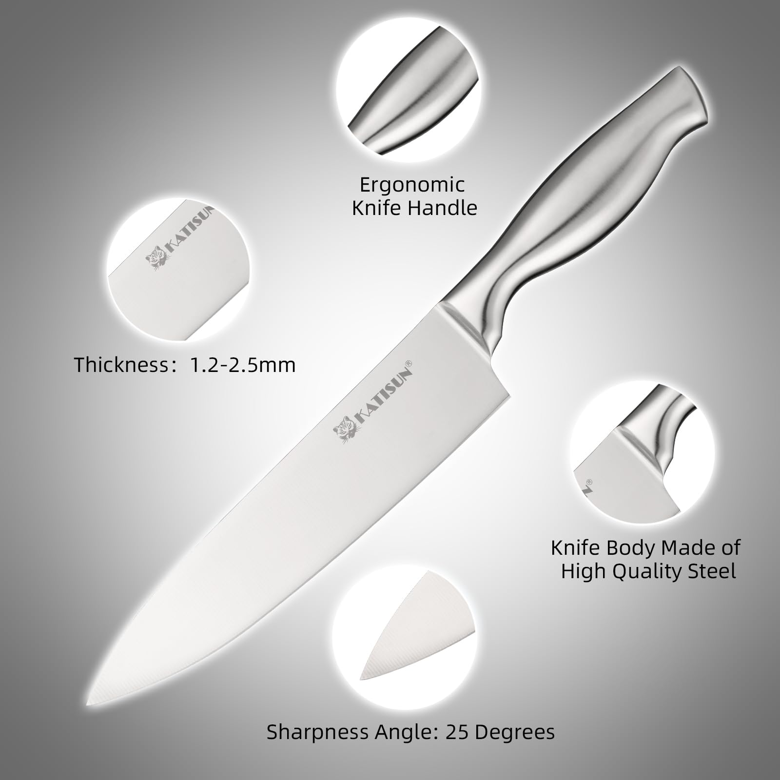 KATISUN 8 Piece German Steel Knife Set With Block, Ergonomic Handle Chef Knives, Sharpener and Shears for Chopping, Slicing and Cutting