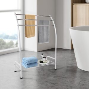 LOYLED Free Standing Towel Rack for Bathroom, Blanket Holder with 3 Tiers Metal with Storge Shelf, 22.44" L Drying Stand Towel Rack for Outdoor Pool Bedroom Living Room, White