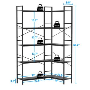 Lazyvan Black Corner Bookshelf,5 Tiers Corner Bookcase with Open Storage,L Shaped Shelves for Home Office,Living Room,Bedroom