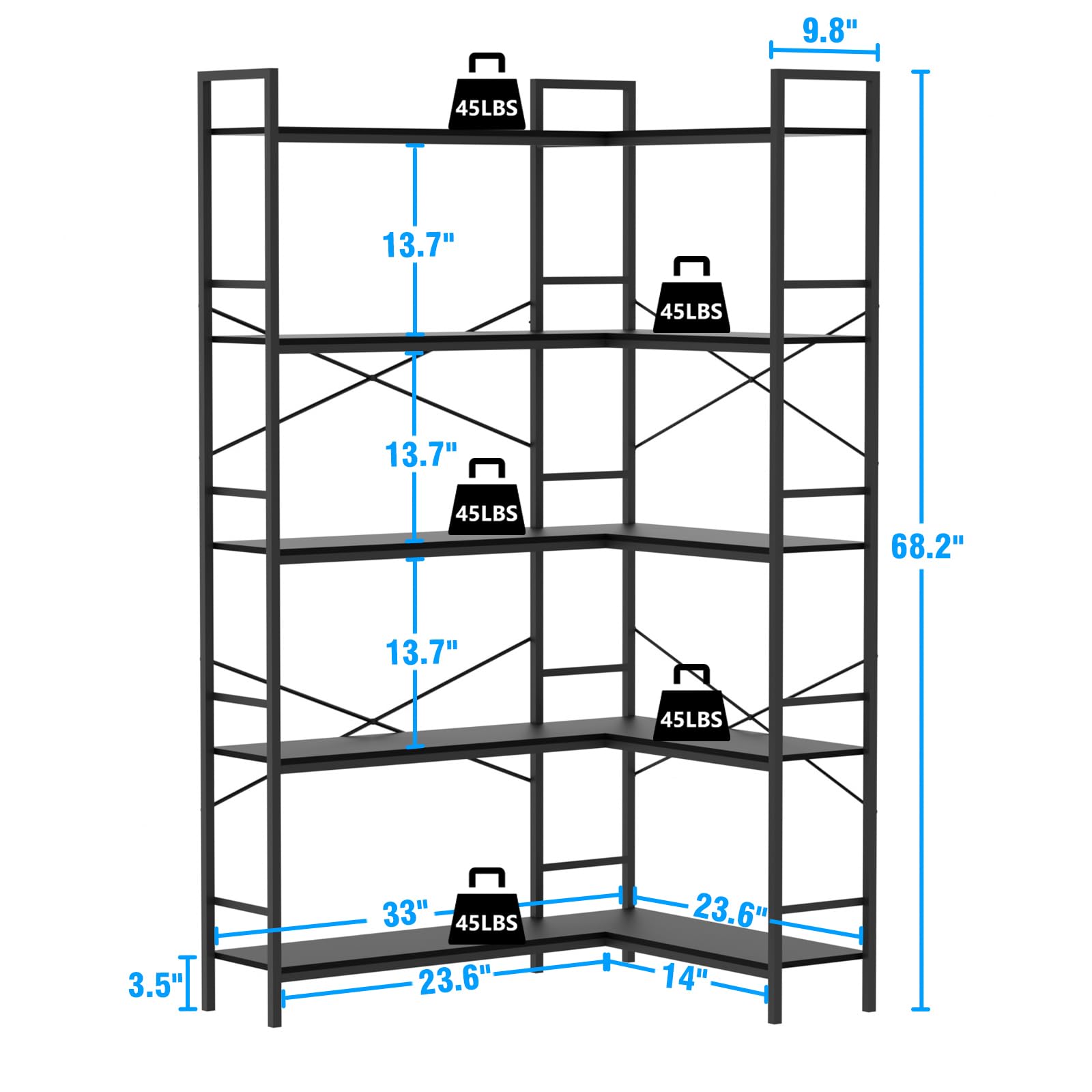 Lazyvan Black Corner Bookshelf,5 Tiers Corner Bookcase with Open Storage,L Shaped Shelves for Home Office,Living Room,Bedroom