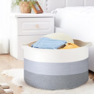 Ravinte Large Storage Basket - 22"x 22"x 14" Blanket Basket for Living Room, Baby Toy Storage Basket, Cotton Rope Basket Woven Laundry Basket (White-Blue-Gray)