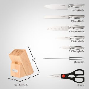 KATISUN 8 Piece German Steel Knife Set With Block, Ergonomic Handle Chef Knives, Sharpener and Shears for Chopping, Slicing and Cutting