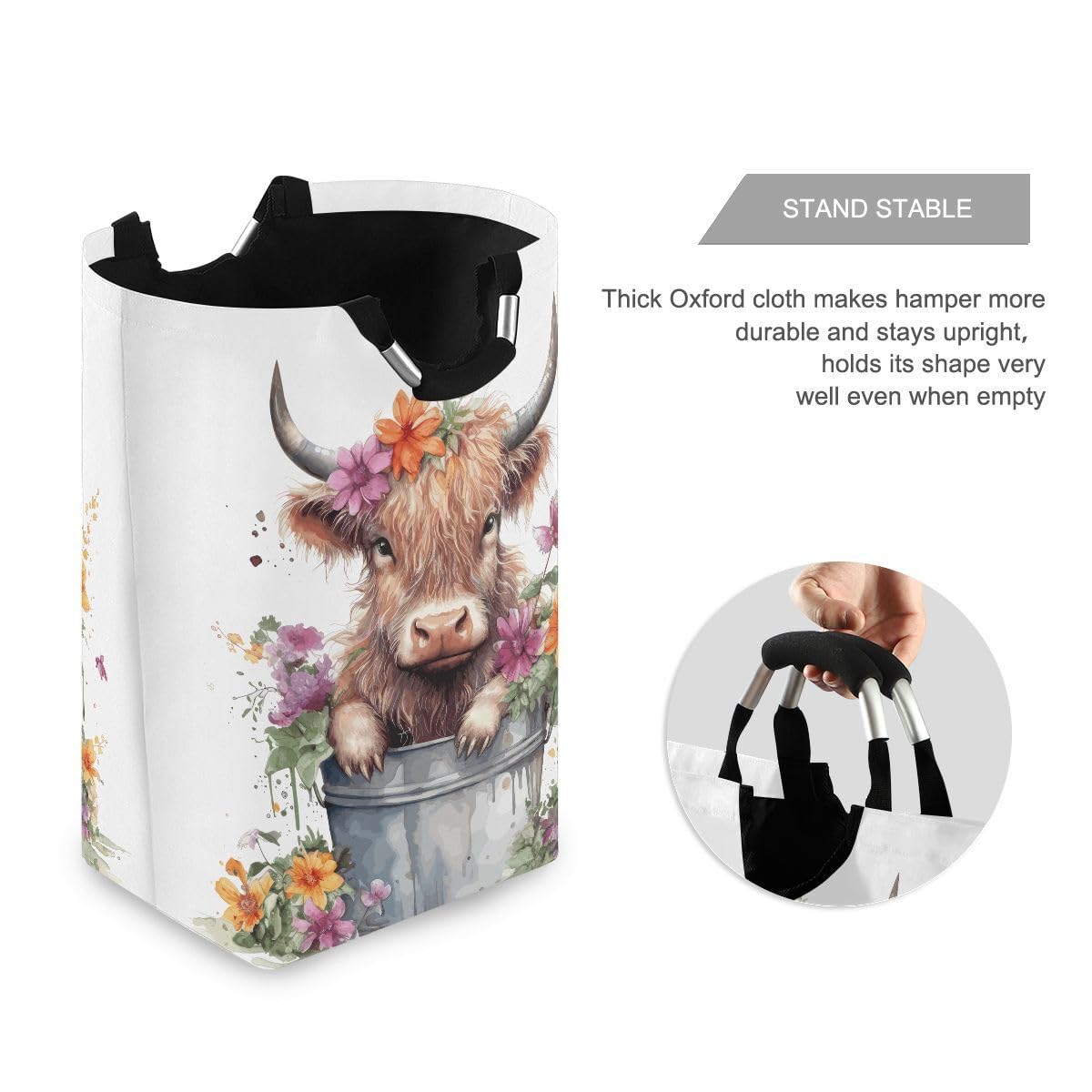 Highland Cow Large Laundry Hamper Basket Foldable Funny Tote Bag Laundry Hamper Clothes Storage Bucket Toy Organizer for Laundry, Bathroom, Home Decor