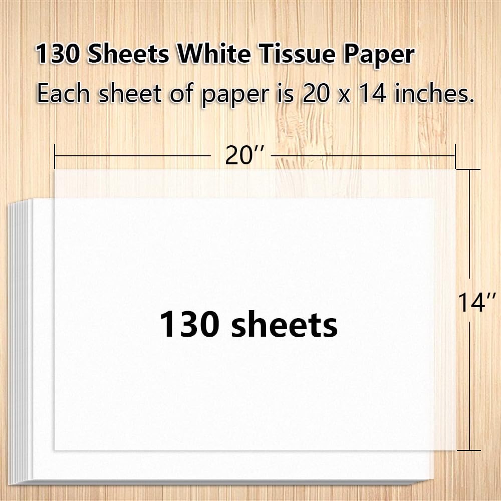 130 Sheets 20"x14" White Wrapping Tissue Paper Bulk for Gift Bags Christmas Weddings Birthday Arts Craft Party Decoration