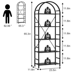 Arbuxzuy 5-Tier Bookshelf, 24 Inch Width Industrial Arched Bookcase, Vintage Storage Rack with Open Shelves, Free Standing Shelf for Home Office, Living Room,Bedroom, Black