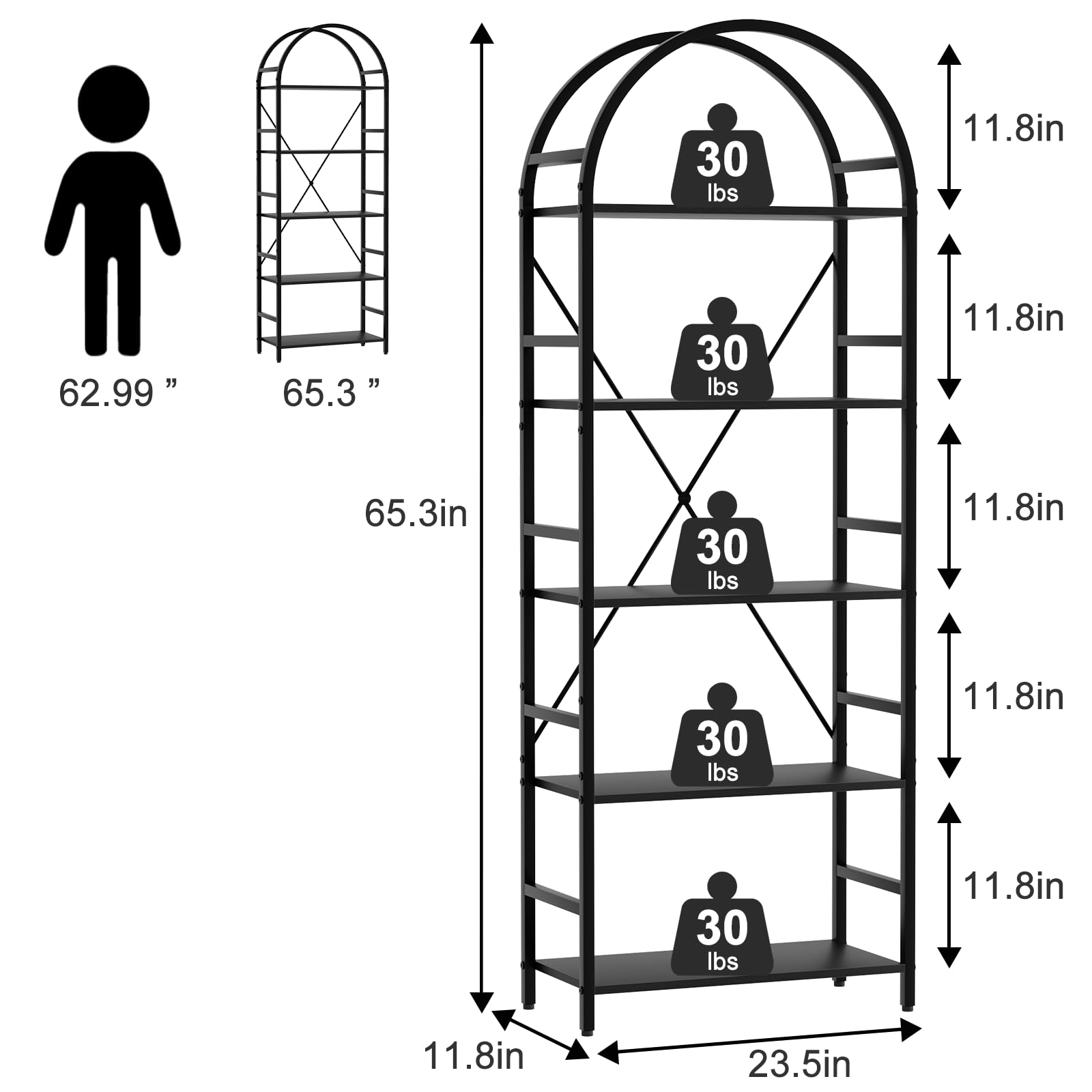 Arbuxzuy 5-Tier Bookshelf, 24 Inch Width Industrial Arched Bookcase, Vintage Storage Rack with Open Shelves, Free Standing Shelf for Home Office, Living Room,Bedroom, Black