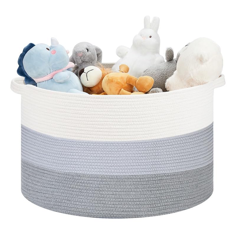 Ravinte Large Storage Basket - 22"x 22"x 14" Blanket Basket for Living Room, Baby Toy Storage Basket, Cotton Rope Basket Woven Laundry Basket (White-Blue-Gray)