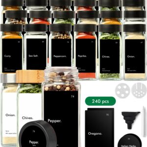 KIVY Glass Spice jars with Label & Shaker Lids [24x 4oz] Airtight Seasoning Containers for Cabinet & Drawer - Empty Spice Bottles - Spice containers with labels - Black spice jars with black lids