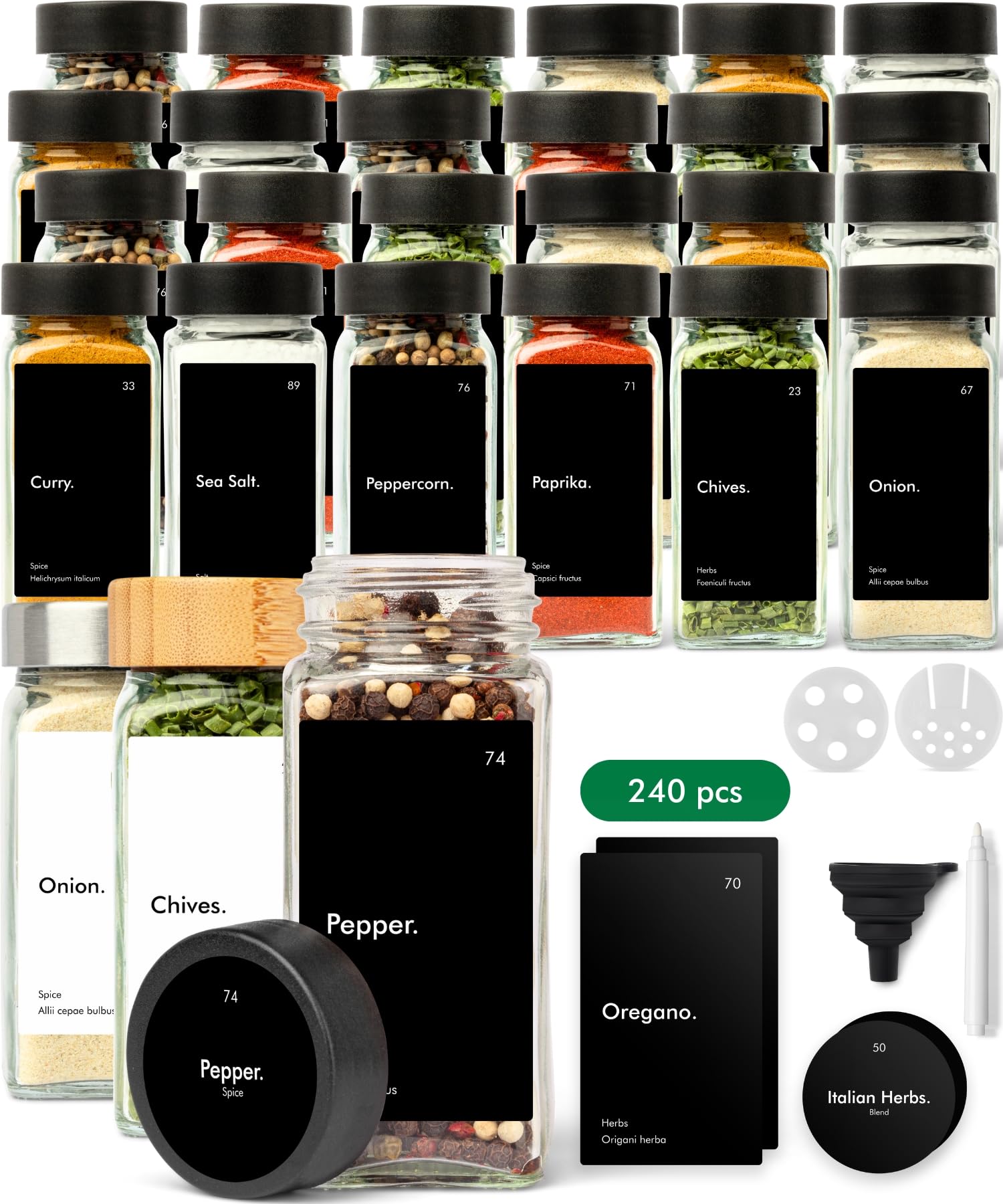 KIVY Glass Spice jars with Label & Shaker Lids [24x 4oz] Airtight Seasoning Containers for Cabinet & Drawer - Empty Spice Bottles - Spice containers with labels - Black spice jars with black lids