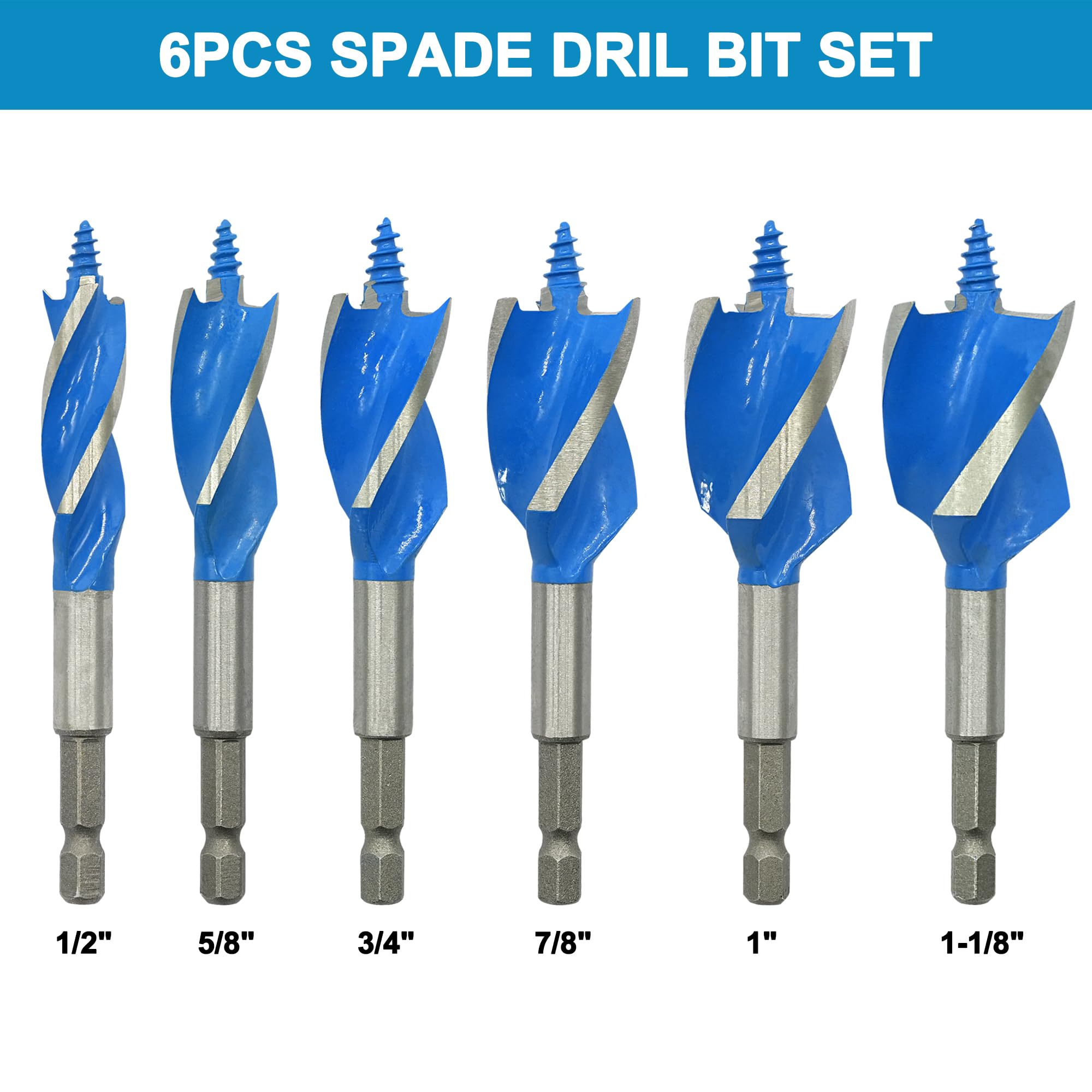 GMTOOLS Auger Drill Bit Set for Wood, ‎1/2", 5/8", 3/4", 7/8", 1" and 1-1/8" Inch Size, 6-Piece Impact Wood Drill Bit with Hex Shank Quick Change for Hardwood and Softwood, Plastic, etc