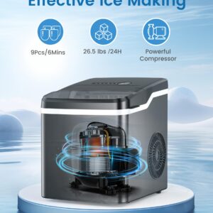 COWSAR Ice Makers Countertop, 26.5lbs/24H, 9 Bullet Ice Cubes in 6 Mins, Self-Cleaning Ice Makers with Basket and Scoop, 2 Sizes of Bullet Ice, Ideal for Home/Kitchen/Party/Camping, Black