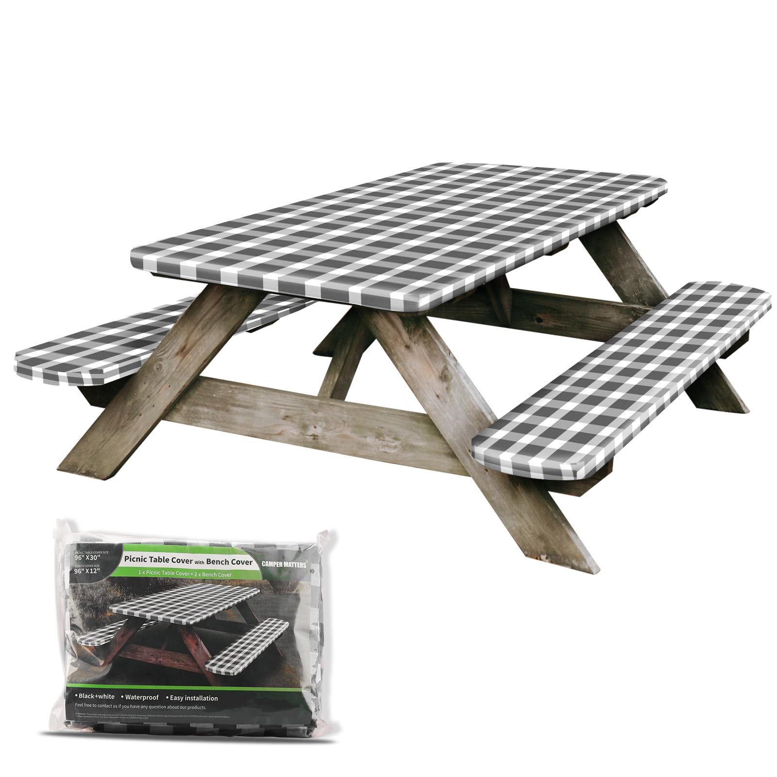 CAMPER MATTERS Picnic Table Cover and Bench Covers, Fitted Tablecloth Cover with Elastic Edge, Water and Oil Proof, for Outdoor, Garden, Camping, 96x30 Inch, 3 Pieces Set, Black & White