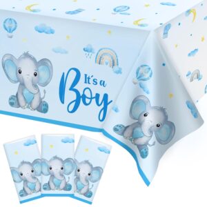 lopeastar 3pcs boy elephant baby shower decorations tablecloths, 58 x 108 inch large rectangular blue it’s a boy elephant baby shower table covers party decor for boys kids