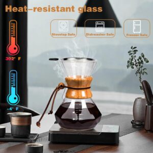 COFISUKI Pour Over Coffee Maker with Reusable Stainless Steel Drip Filter, Lead-Free Borosilicate Glass Coffee Carafe with Modern Wooden Collar for 1-2Cup, Diamond Clear (400ml/13.5oz)