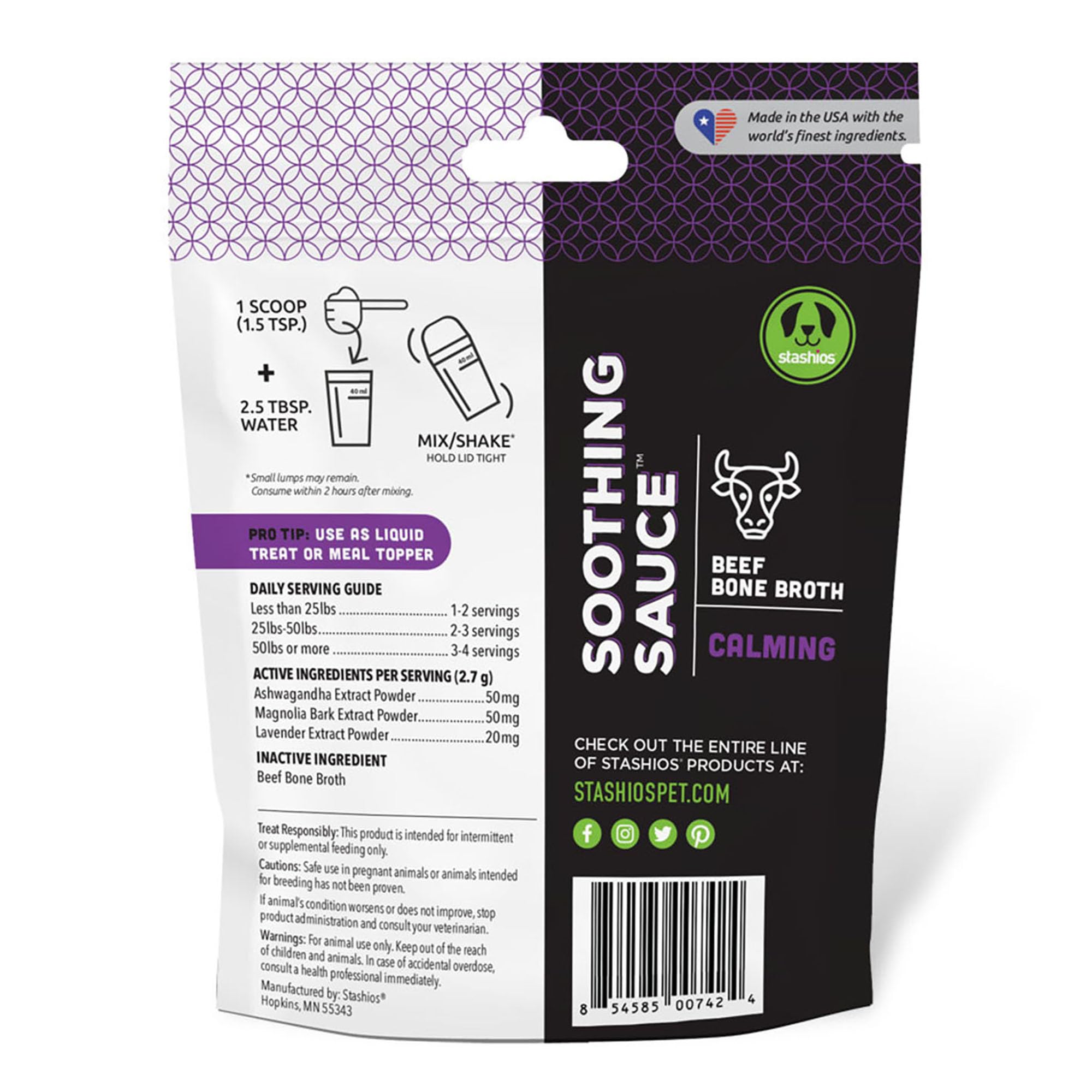 Stashios Soothing Sauce Beef Bone Broth Calming Powder Supplement for Dogs & Cats, All Natural Anxiety Relief, Made in The USA, 3 oz