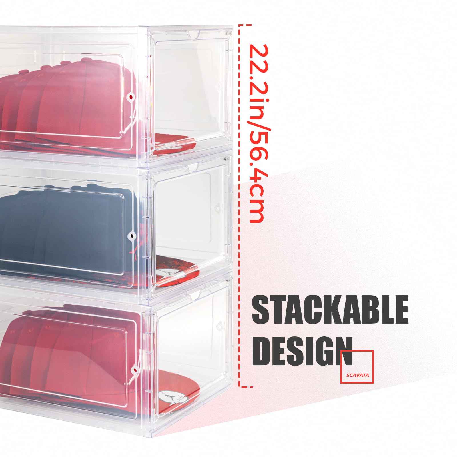 SCAVATA 6 Pack Hat Organizer Box, Stackable Clear Baseball Caps Holder Box Containers with Magnetic Door for Hats Snapback Cap Storag, Hat Rack Display Case, Holds 8 Hats Each (Clear)