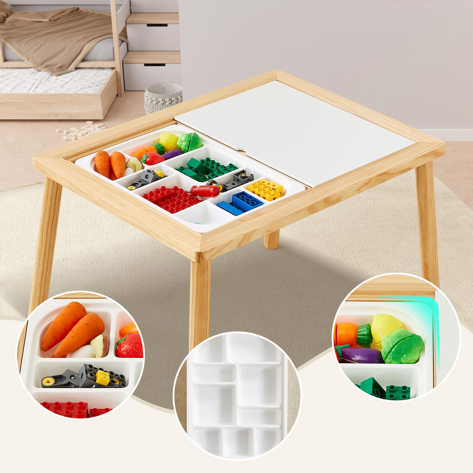 Beright Storage Tray with Compartments, Compatible Sensory Table, Stackable Plastic Storage Bins, Children Storage Box for Building Blocks, Toy, Craft, Tool, White