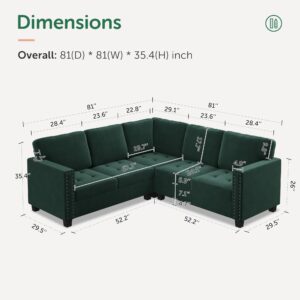 HONBAY Velvet Convertible Sectional Sofa L Shaped Couch Reversible 4 Seat Corner Sectional Sofa for Small Space, Green