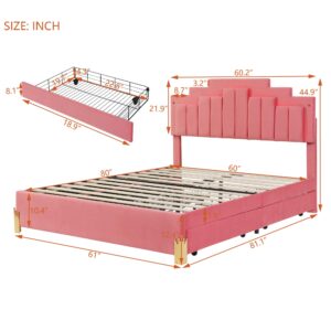 YOPTO Queen Size Velvet Upholstered Platform Bed with LED Lights and 4 Storage Drawers, w/Headboard & Slat Supports,Stylish Irregular Metal Bed Legs Design,for Kids Teens Adults,Pink