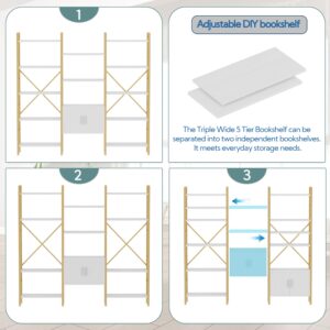 Yusong Bookshelf Triple Wide 5 Tier Bookcases with Storage Cabinet, Industrial Large Modern Tall Bookshelves with 12 Open Display Shelves for Living Room Office Bedroom, White Oak and Gold