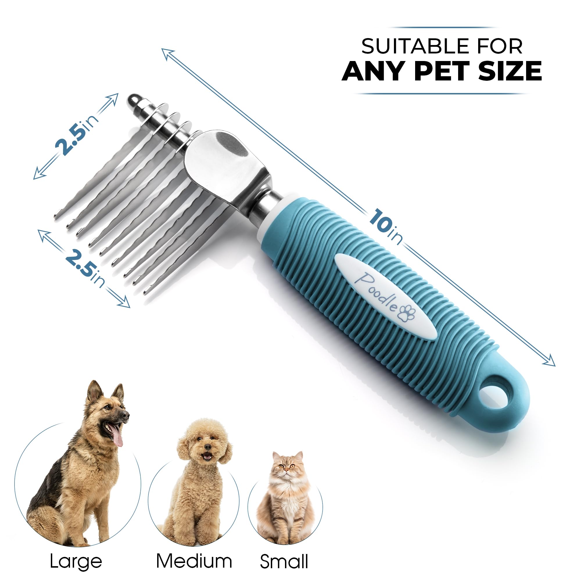 Poodle Pet Dematting Fur Rake Comb Brush Tool - Dog and Cat Comb with Long 2.5 Inches Steel Safety Blades for Detangling Matted or Knotted Undercoat Hair (Blue, Dematting Comb)