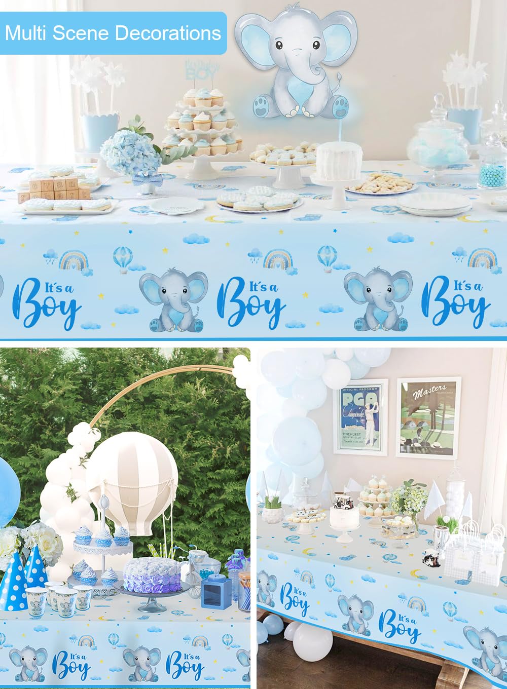 Lopeastar 3Pcs Boy Elephant Baby Shower Decorations Tablecloths, 58 x 108 Inch Large Rectangular Blue It’s a Boy Elephant Baby Shower Table Covers Party Decor for Boys Kids