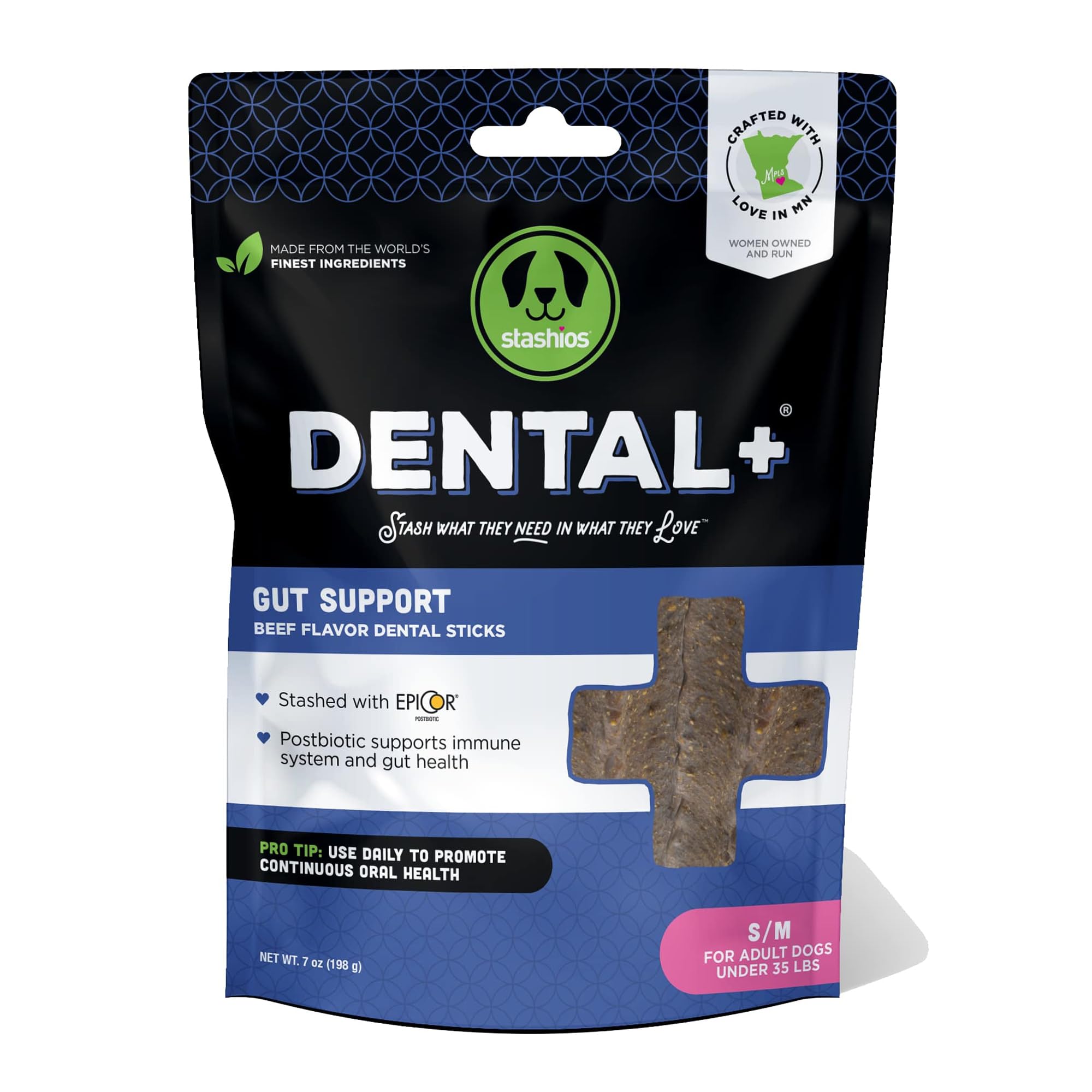 Stashios Dental+ Sticks for Dogs Under 35 lbs- Gut Support, with Beef Bone Broth, All Natural, EpiCor postbiotic, Made in The USA, Dental+ Bag, S/M - 7 oz.