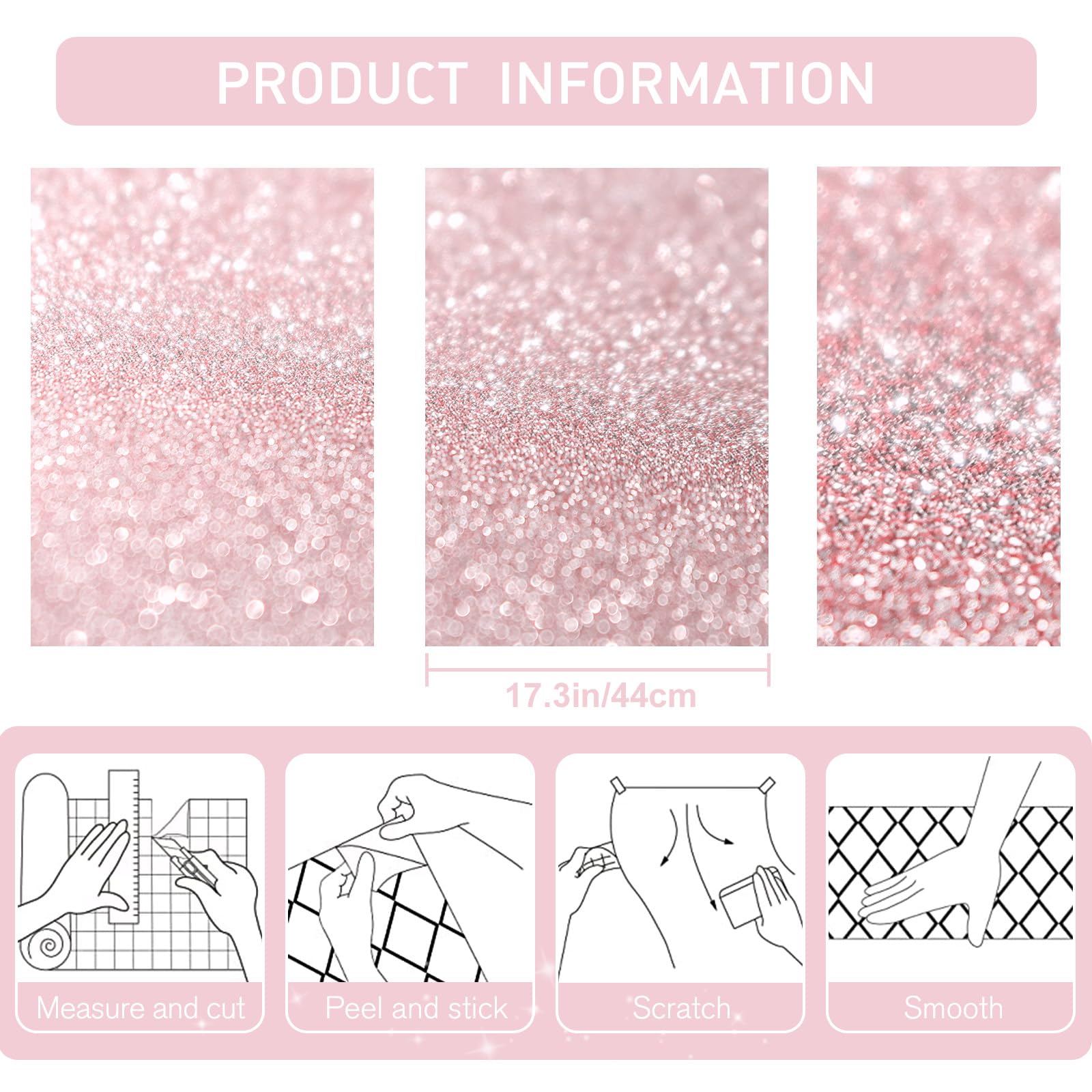 Qianglive Glitter Pink Contact Paper 17.3"×120" Self Adhesive Sparkly Pink Peel and Stick Wallpaper Bling Flash Wallpaper for Cabinet DIY Decoration