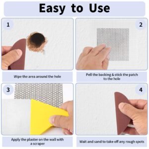 Drywall Repair Kit 10 PCS, 2/4/6 Inch Self-Adhesive Drywall Patch with Scraper and Sandpapers, Aluminum Wall Patch Repair Kit, Plasterboard Hole Repair Kit for Fixing Dry Wall Holes