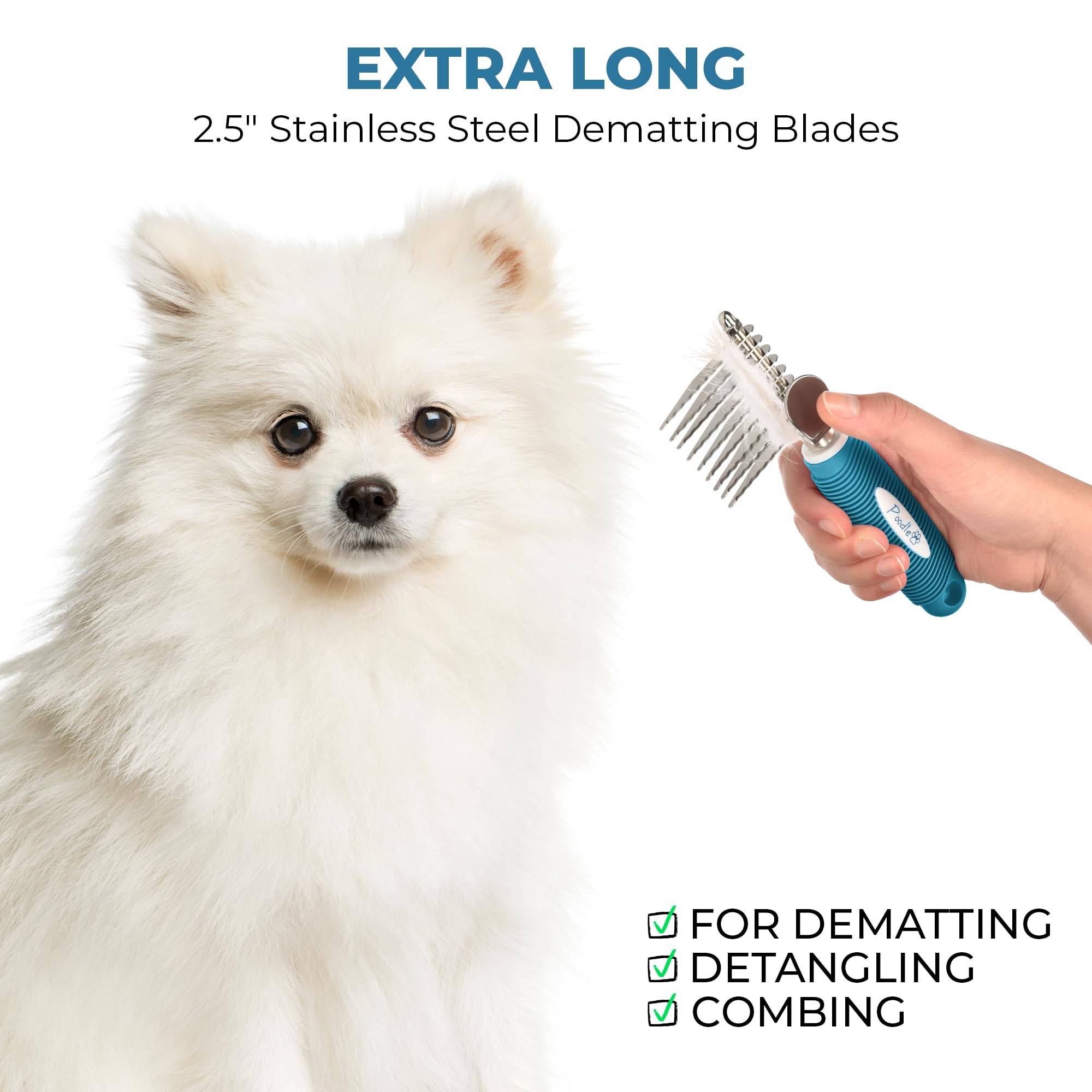 Poodle Pet Dematting Fur Rake Comb Brush Tool - Dog and Cat Comb with Long 2.5 Inches Steel Safety Blades for Detangling Matted or Knotted Undercoat Hair (Blue, Dematting Comb)