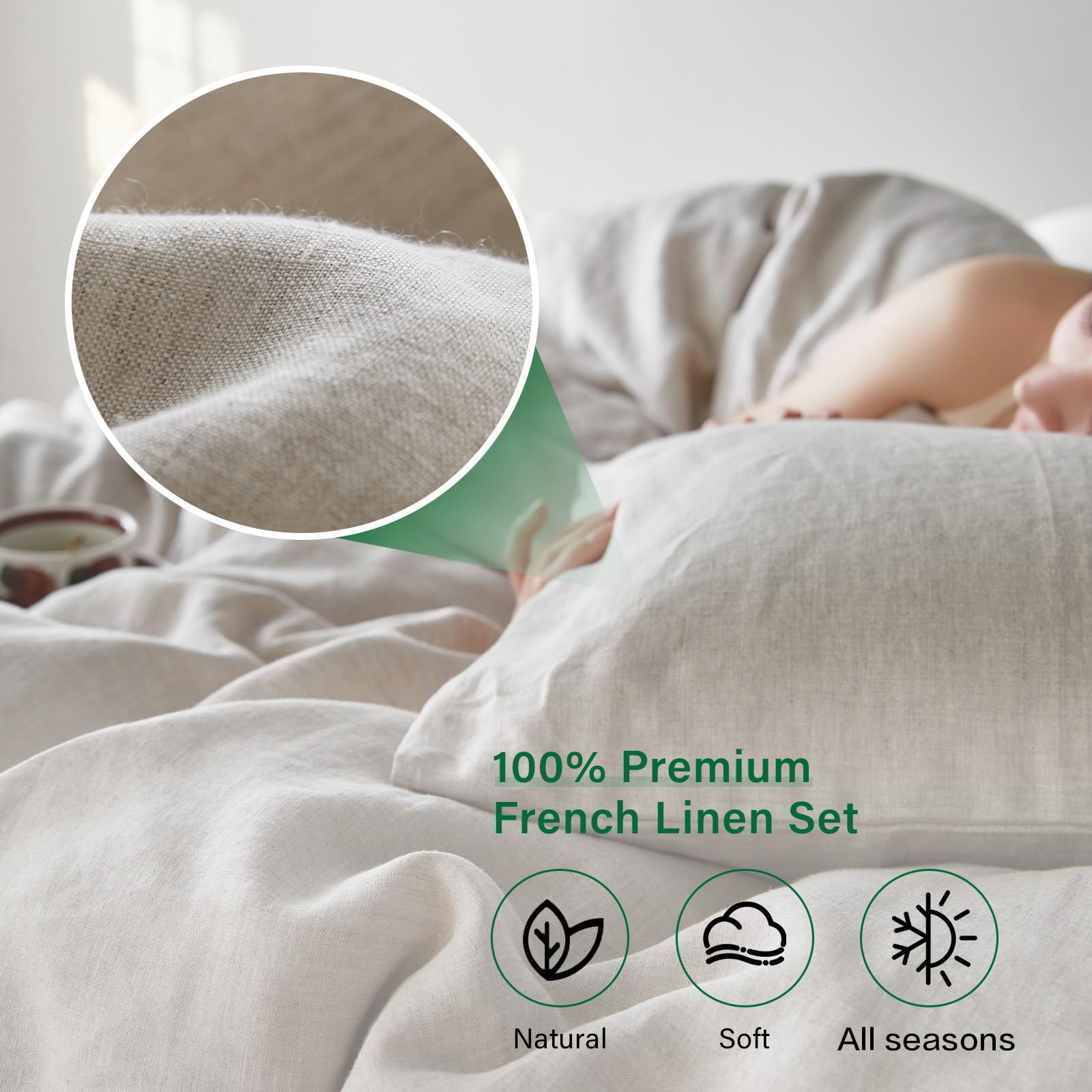 pinéllia 100% Linen Duvet Cover Set, Queen Duvet Cover Linen Bedding Set 3pcs (1 Duvet Cover, 2 Pillowcases) with Button Closure, Breathable Soft Bed Set for Hot Sleepers, Natural