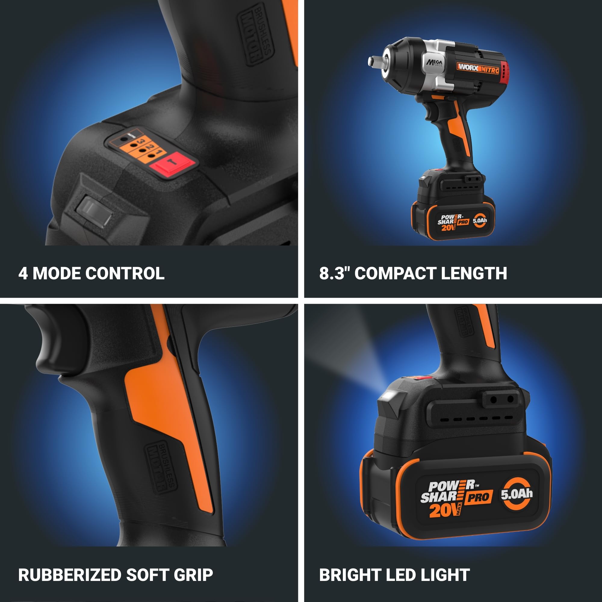 WORX Nitro 20V Brushless High Torque 1/2" Cordless Impact Wrench 1400 FT/LBS, Battery Impact Wrench with Constant Torque System, Compact Impact Wrench with Auto Mode – Battery & Charger Included