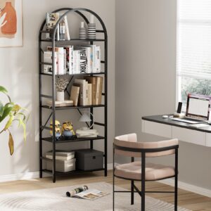 Arbuxzuy 5-Tier Bookshelf, 24 Inch Width Industrial Arched Bookcase, Vintage Storage Rack with Open Shelves, Free Standing Shelf for Home Office, Living Room,Bedroom, Black