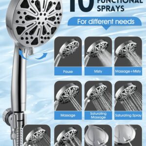 Shower Head,GUOYULJU Shower Heads with Handheld Spray Combo 10 Spray Modes,59Inch Hose,Shower Head with Handheld Adjustable Bracket,Built in Power Wash for bathroom,Tub & Pets,Water Efficient,Chrome