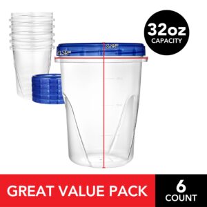 Stock Your Home 32oz Plastic Containers with Twist Top Lids (6 Pack), Quart Freezer Containers with Lids for Leftover Food, Airtight Reusable Soup Containers with Lids, Microwave and Dishwasher Safe