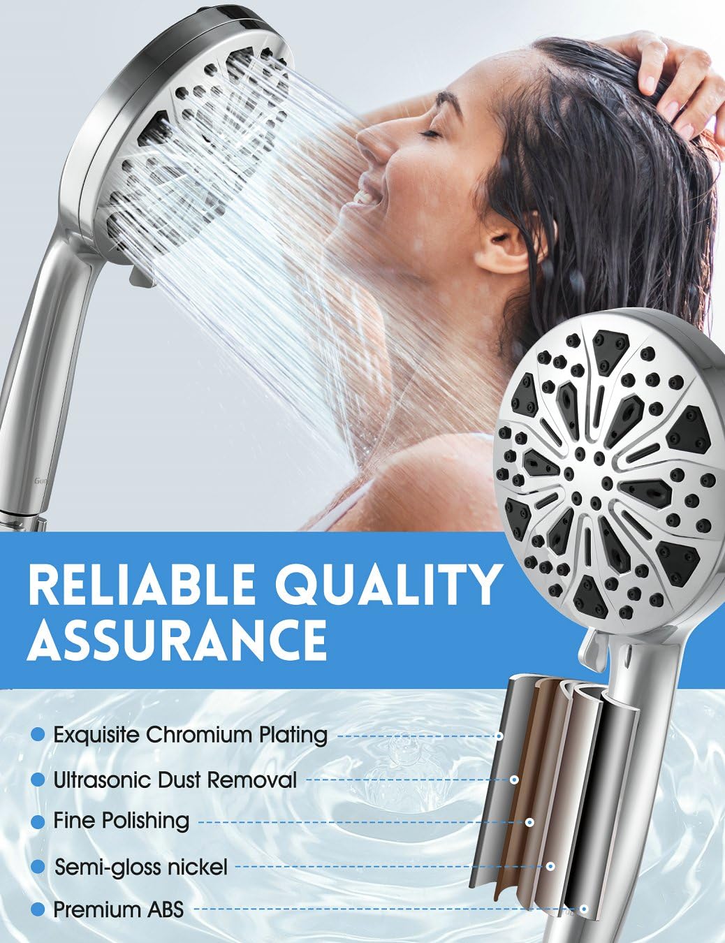 Shower Head,GUOYULJU Shower Heads with Handheld Spray Combo 10 Spray Modes,59Inch Hose,Shower Head with Handheld Adjustable Bracket,Built in Power Wash for bathroom,Tub & Pets,Water Efficient,Chrome