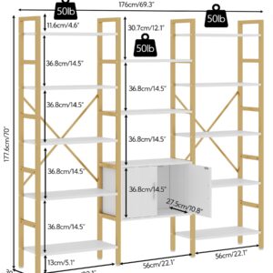 Yusong Bookshelf Triple Wide 5 Tier Bookcases with Storage Cabinet, Industrial Large Modern Tall Bookshelves with 12 Open Display Shelves for Living Room Office Bedroom, White Oak and Gold