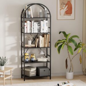 Arbuxzuy 5-Tier Bookshelf, 24 Inch Width Industrial Arched Bookcase, Vintage Storage Rack with Open Shelves, Free Standing Shelf for Home Office, Living Room,Bedroom, Black