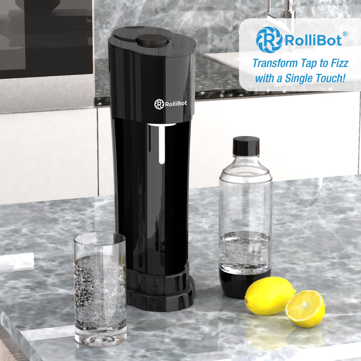 Rollibot Sparkling Water Maker Soda Maker (CO2 Cylinder Not Included), One Button Carbonating, 1L/ 33.8 fl-oz BPA-Free Water Bottle, Compatible with Screw-in Type CO2 Cylinders