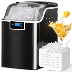 zafro nugget ice makers countertop,45lbs/day pebble ice maker machine with self-cleaning,24hrs timer,led panel sonic ice maker with ice scoop and ice basket for home/bar/party (stainless steels black)