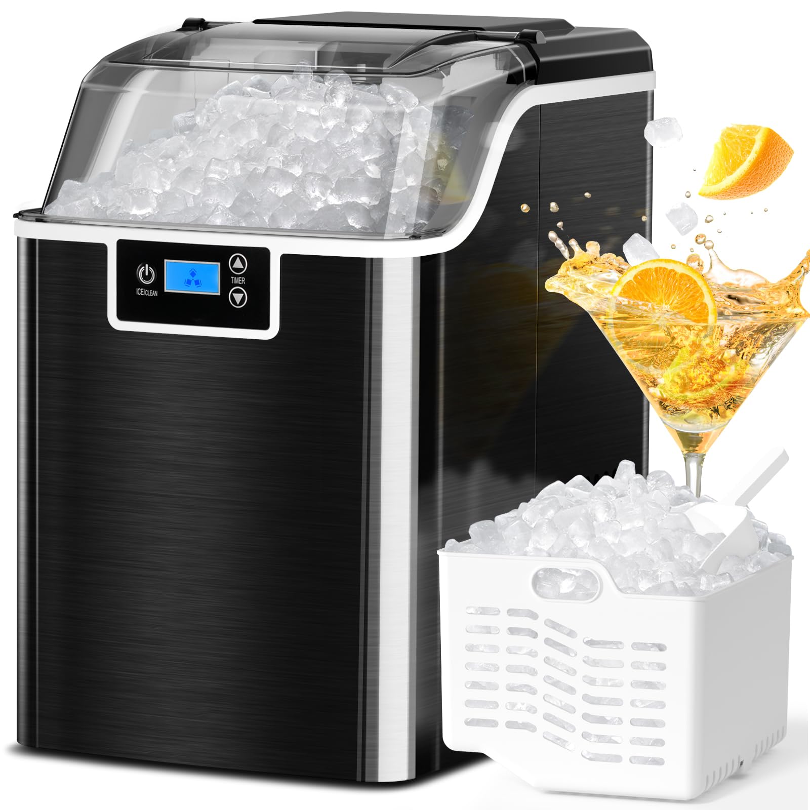 ZAFRO Nugget Ice Makers Countertop,45lbs/Day Pebble Ice Maker Machine with Self-Cleaning,24hrs Timer,LED Panel Sonic ice Maker with Ice Scoop and Ice Basket for Home/Bar/Party (Stainless Steels Black)