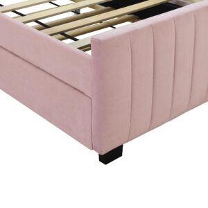 YOPTO Twin Size Upholstered Bed with Twin Size Trundle, Velvet Platform Bed Frame w/Headboard for Bedroom,No Box Spring Required,for Bedroom Guest Room,Pink