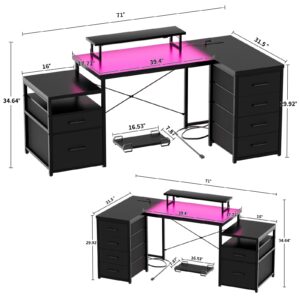 Unikito Reversible L Shaped Computer Desk with Fabric File Drawers, 70.8" Large Office Corner Desk with RGB LED Lights & Power Outlets & Monitor Stand & CPU Stand, Sturdy L Shape Gaming Desk, Black