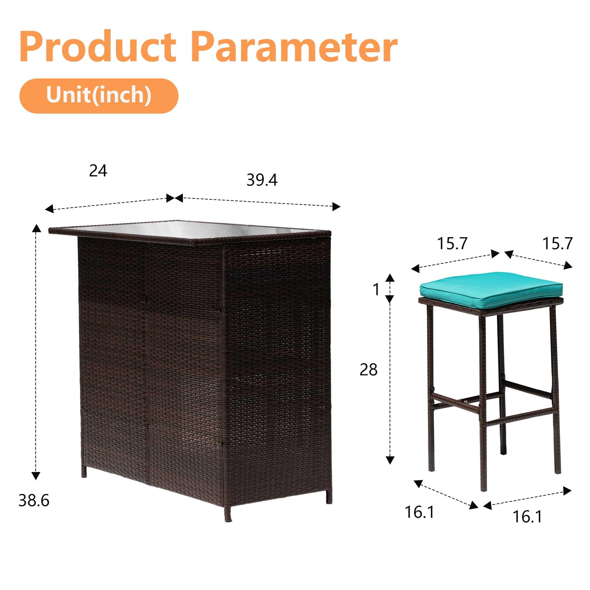 Set Of 3 Outdoor Bar Set Patio Wicker Counter Height Table Set Sturdy Frame Rattan Bar Table with Glass Table Top Storage Shelves 2 Bar Stools for Patio Poolside Porch Outdoor Indoor, Blue