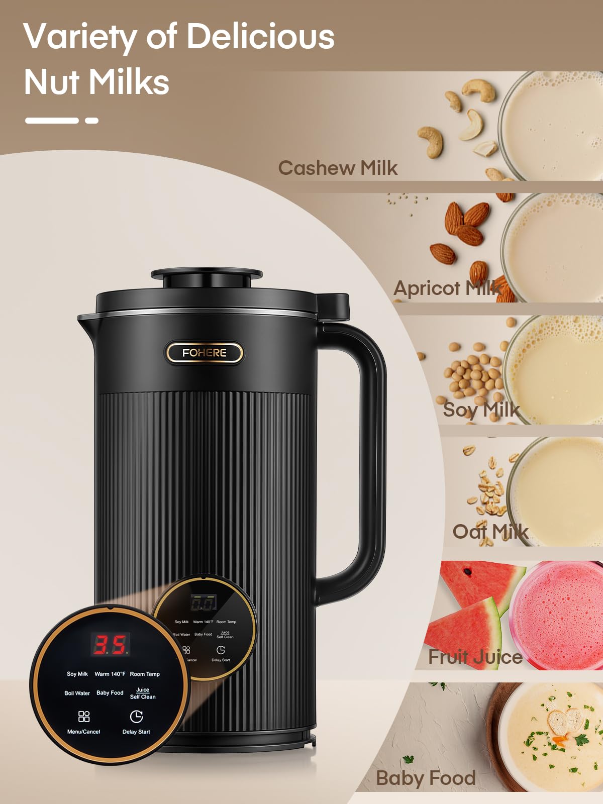 FOHERE 35oz 6 In 1 Nut Milk Maker, 1000ml 800W Automatic Cow Milk Maker Machines Plant-Based Milk, Soy, Oat, Juice, Baby Food, With 12H Timer/Self-Clean/Keep Warm/Boil