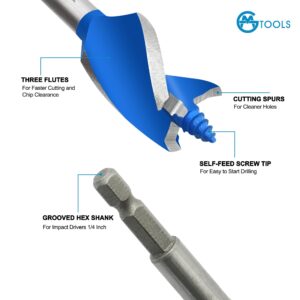 GMTOOLS Auger Drill Bit Set for Wood, ‎1/2", 5/8", 3/4", 7/8", 1" and 1-1/8" Inch Size, 6-Piece Impact Wood Drill Bit with Hex Shank Quick Change for Hardwood and Softwood, Plastic, etc