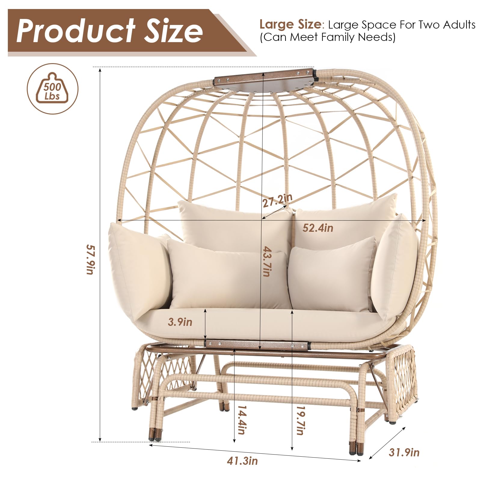 RADIATA Oversized Wicker Double Egg Chair w/ 7 Cushions 500lb Capacity Lounge Basket with Strong Heavy-Duty Steel Frame for Indoor Outdoor Patio Backyard Living Room (Beige)