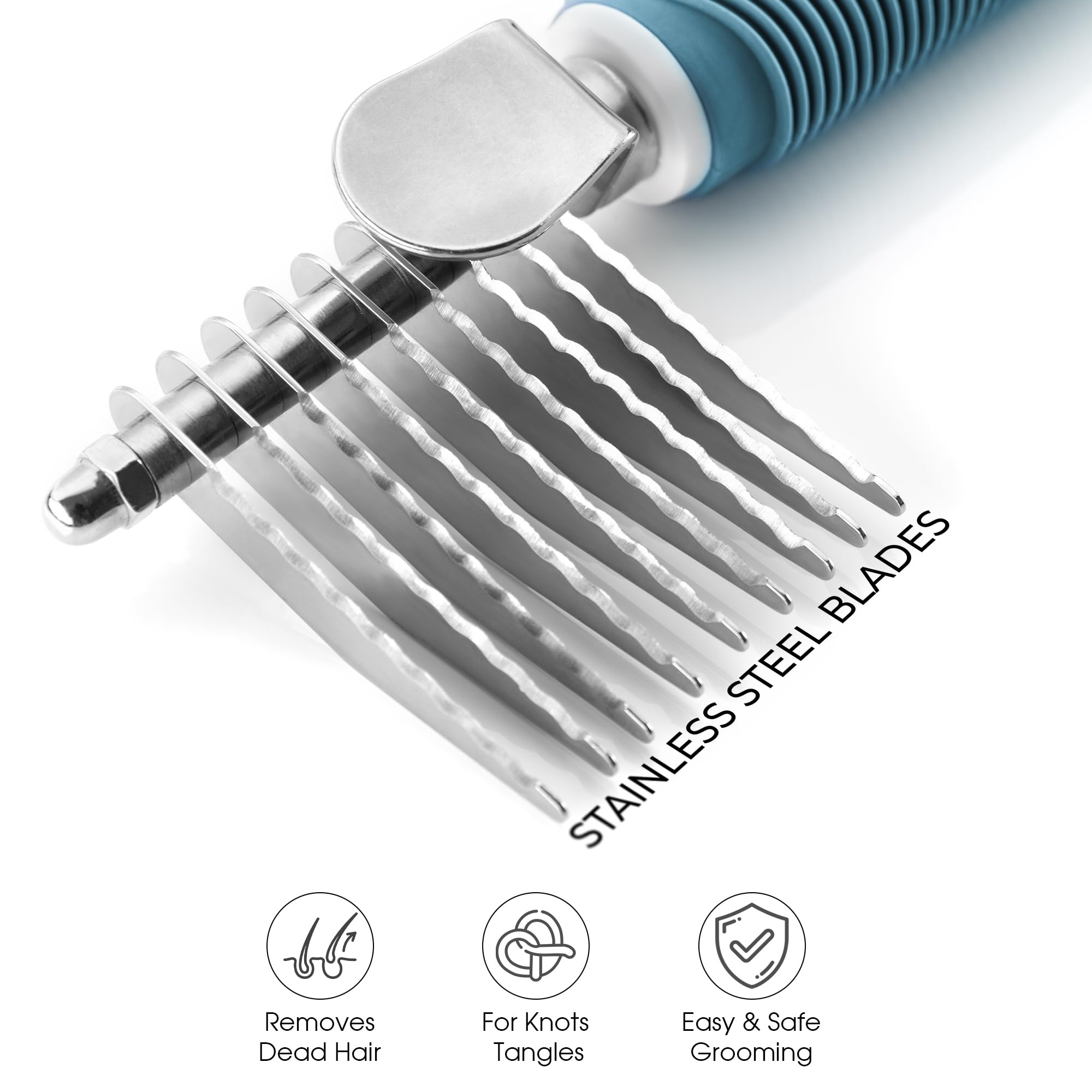 Poodle Pet Dematting Fur Rake Comb Brush Tool - Dog and Cat Comb with Long 2.5 Inches Steel Safety Blades for Detangling Matted or Knotted Undercoat Hair (Blue, Dematting Comb)