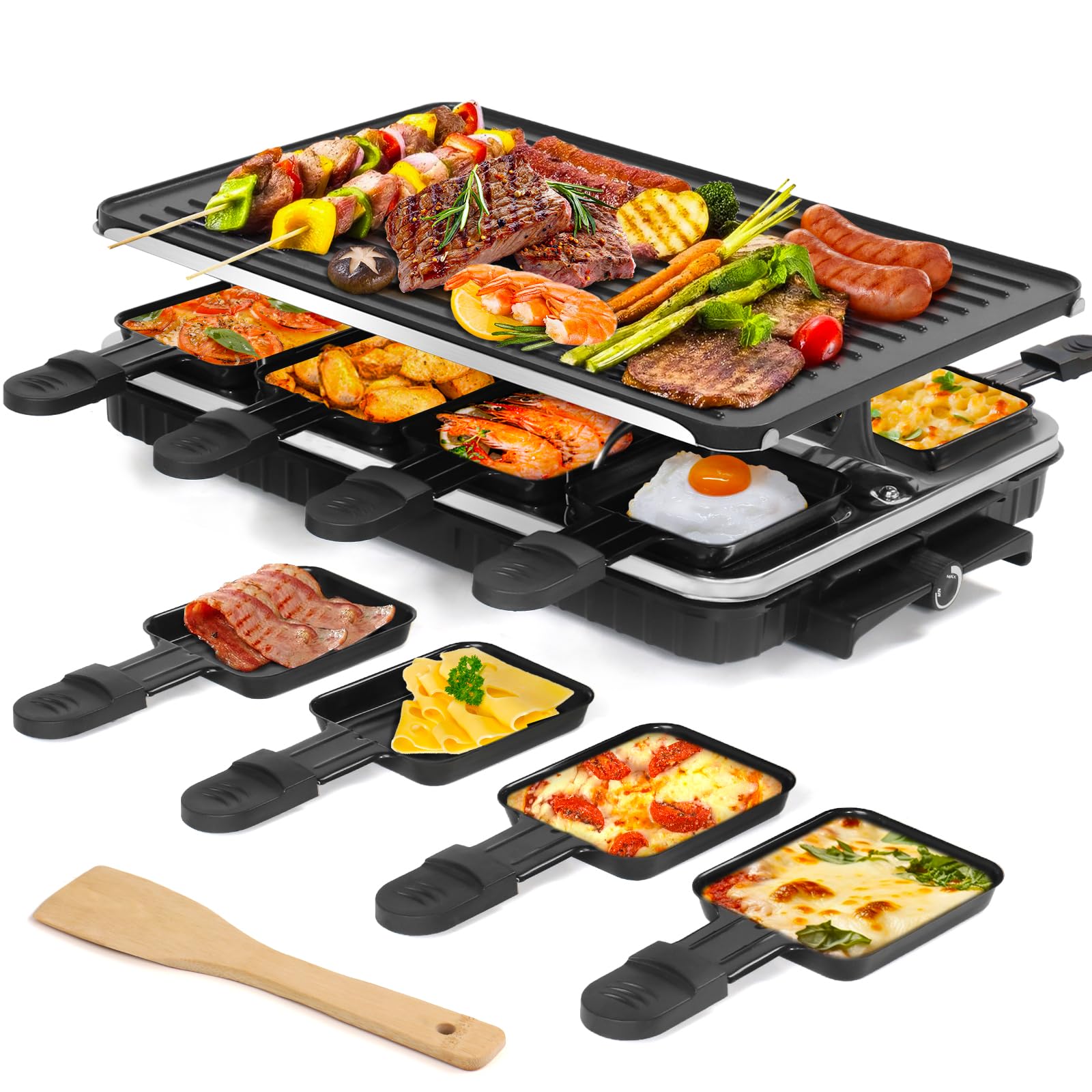 Raclette Table Grill, Electric Griddle Korean BBQ Grill Indoor Grill, 2 in 1 Electric Griddle Nonstick with 8 Raclette Cheese Pans Adjustable Temperature Control 1300W Ideal for Family and Party Fun