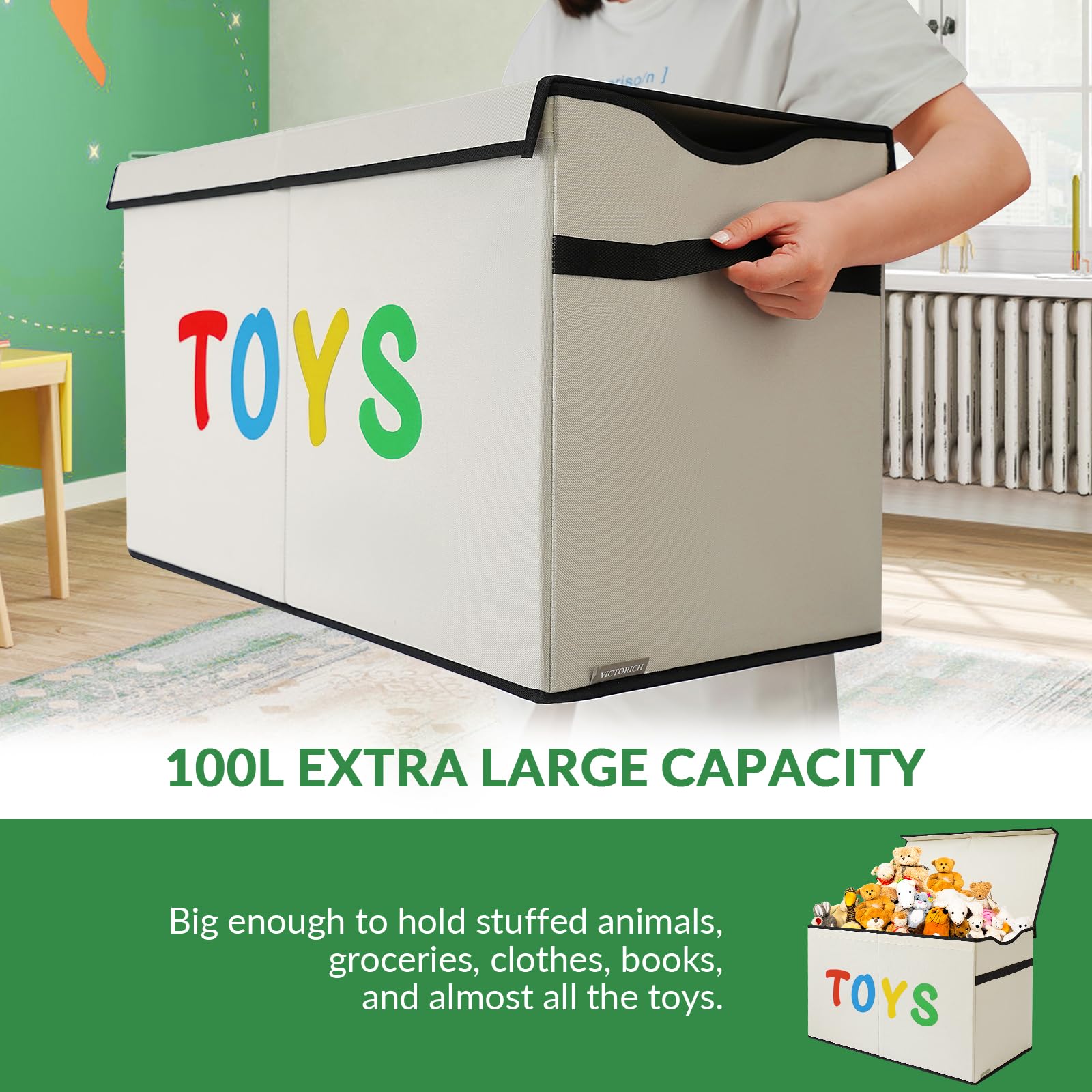 Large Toy Box Chest with Lid, Collapsible Sturdy Toy Storage Organizer Boxes Bins Baskets for Kids, Boys, Girls, Nursery, Playroom (Beige)